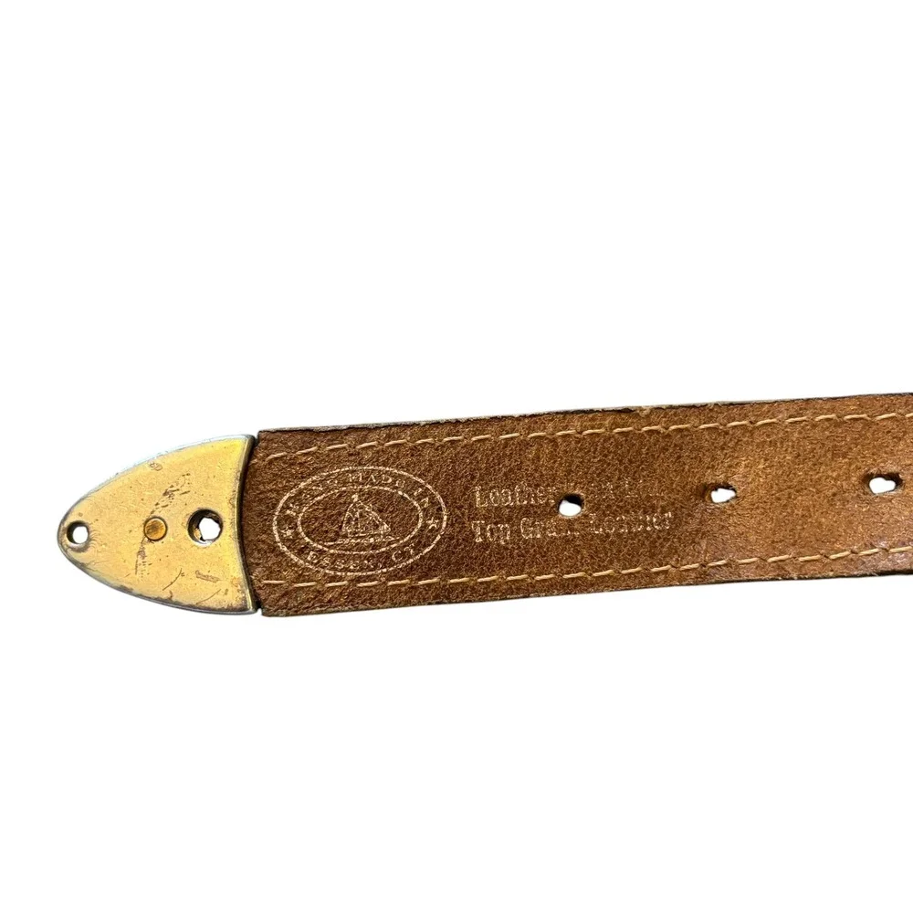 Vintage JTS Mahi Mahi Fish‎ Leather Webbing Belt Brown Green Mens 44 Made in USA